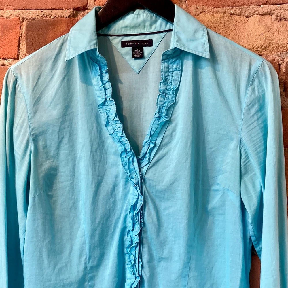 Tommy Hilfiger Long Sleeve Turquoise Ruffled Blouse.  100% Cotton. Size:6